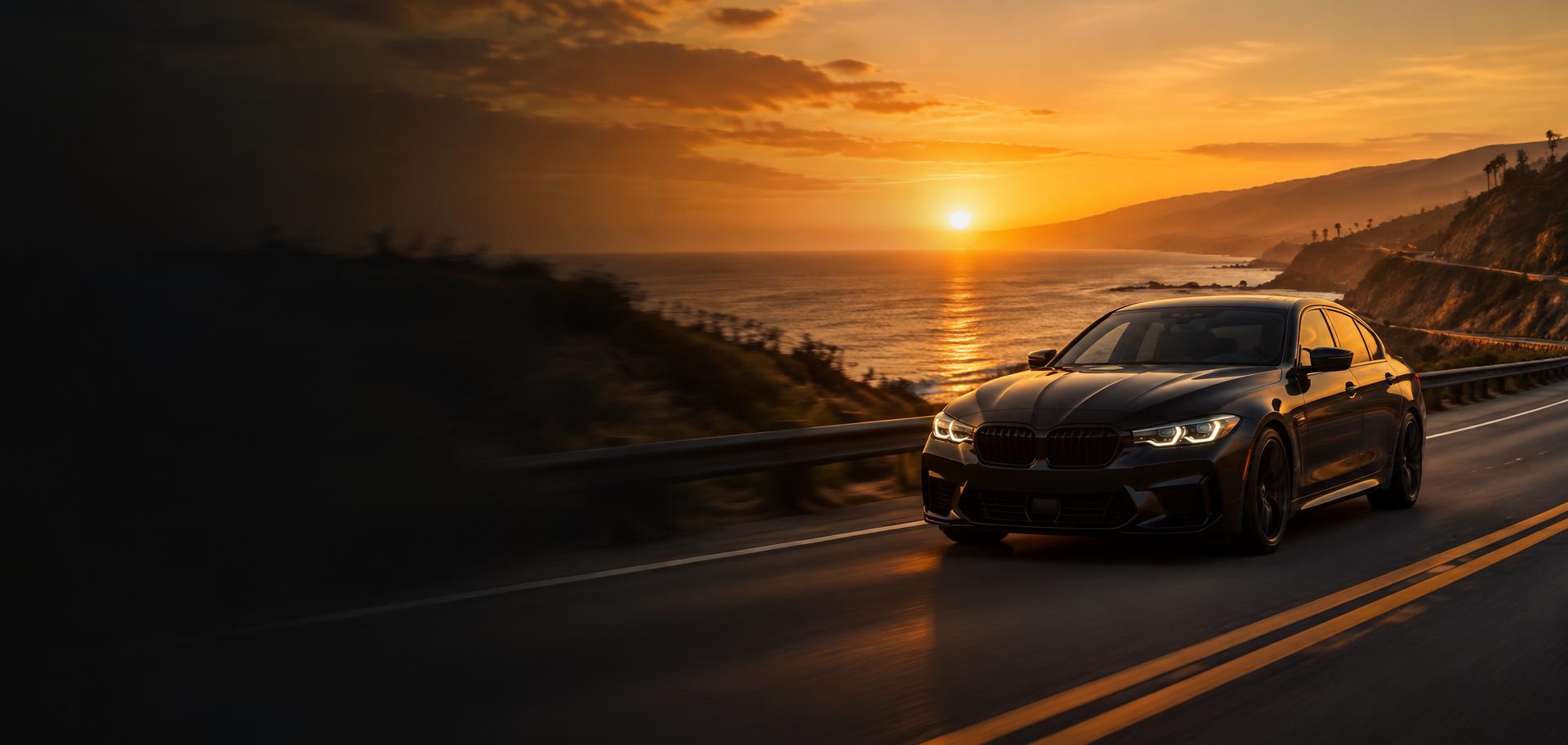 Dark sedan on a coastal highway at sunset