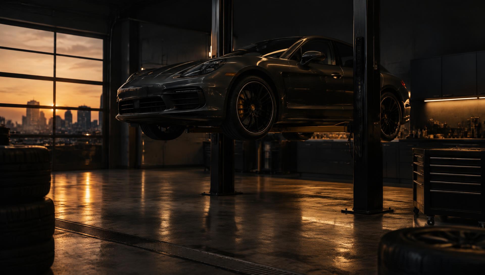 A sports sedan on a lift in a modern service studio at dusk