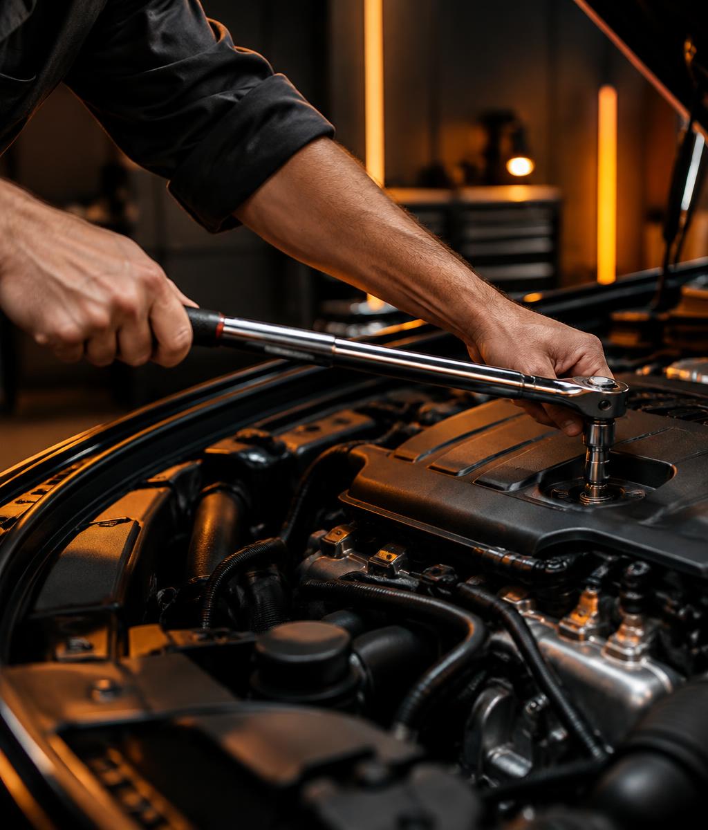Technician torquing an engine component